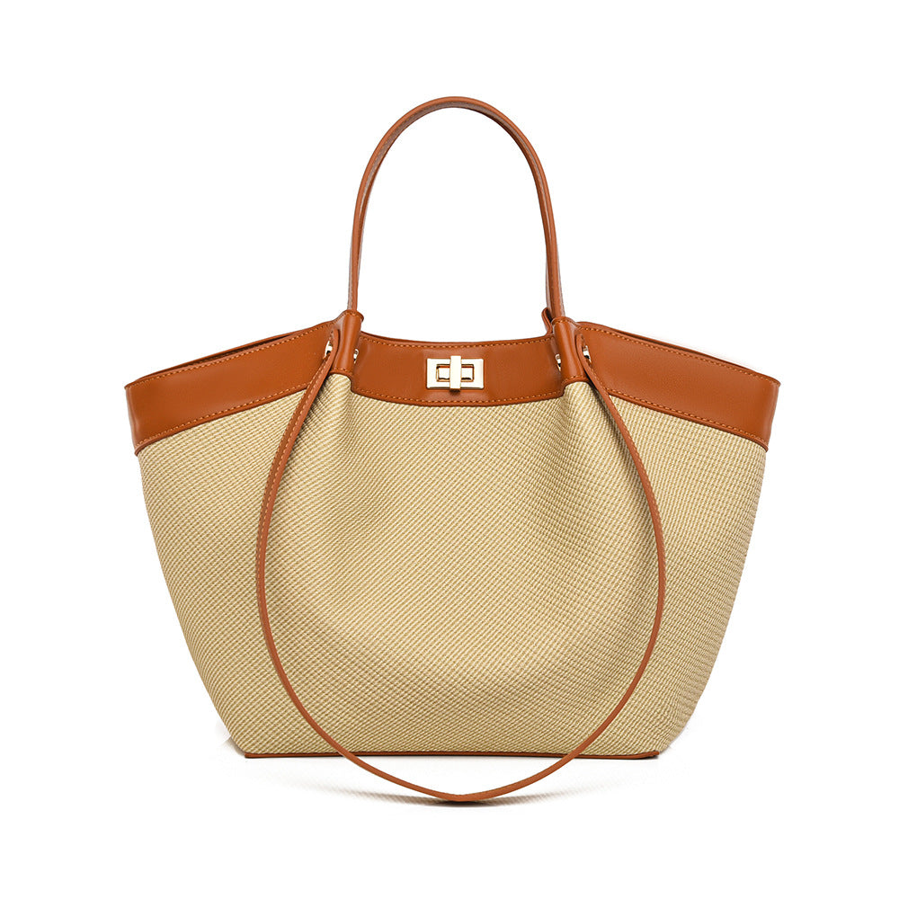 Straw Tote Bag for Women, Woven Canvas Beach Handbag with Leather Trim