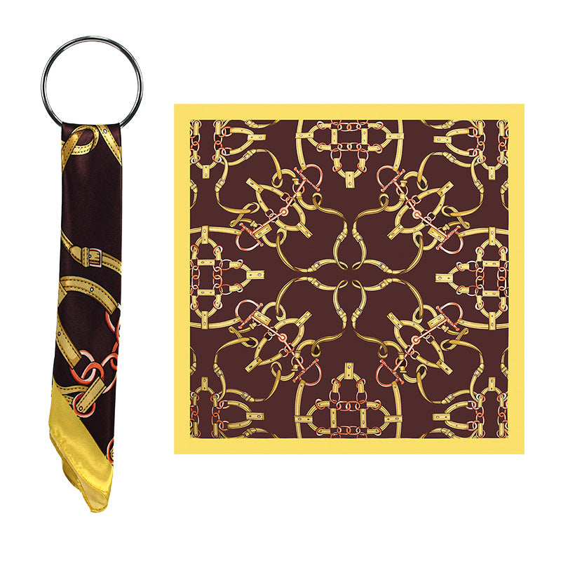 Polyester Satin Square Scarf for Women, Elegant Belt Chain Print Head Wrap, Versatile Modest Hijab Shawl