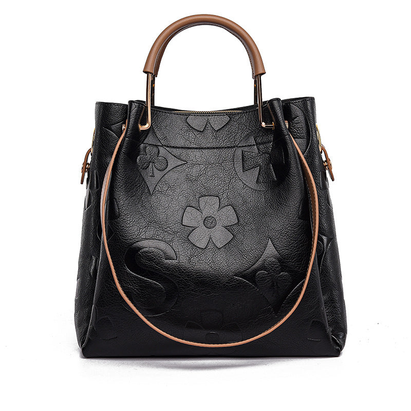Women's Embossed Bucket Tote Bag, Premium Vegan Leather Handbag with Contrast Handle, Black Monogram Pattern Shoulder Bag, Large Capacity Work Tote with Crossbody Strap