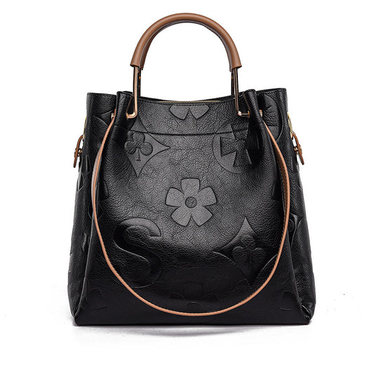 Women's Embossed Bucket Tote Bag, Premium Vegan Leather Handbag with Contrast Handle, Black Monogram Pattern Shoulder Bag, Large Capacity Work Tote with Crossbody Strap