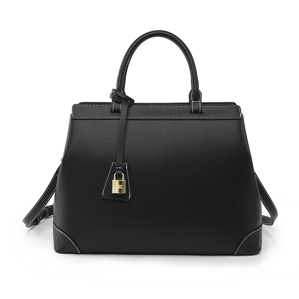 Black Vegan Leather Tote Bag, Womens Pebbled Work Handbag with Padlock