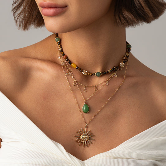 Women’s Multi Layer Gold Necklace, Bohemian Natural Stone Beaded Choker with Sun God Pendant, Retro Ethnic Stack Necklace Arab Fashion Jewelry Gift