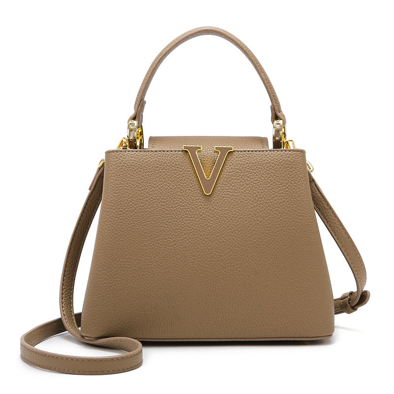 Taupe Vegan Leather Satchel, Womens V-Lock Handbag with Shoulder Strap