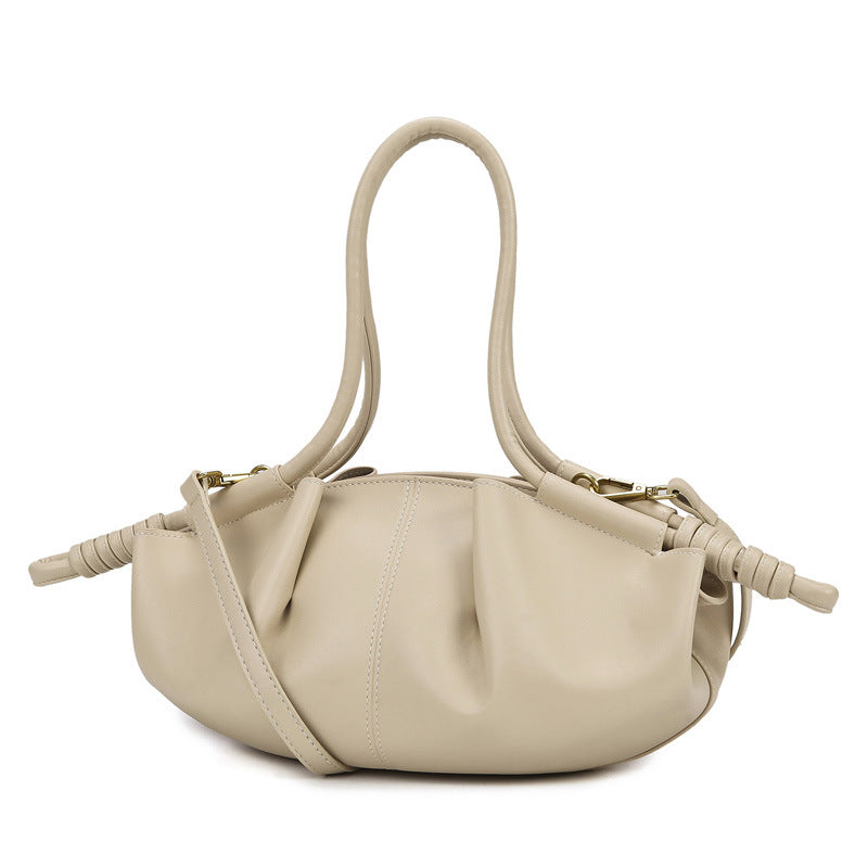 Women's Ruched Cloud Bag, Premium Vegan Leather Dumpling Handbag, Beige Pleated Shoulder Bag with Crossbody Strap, French Style Soft Hobo Clutch Purse