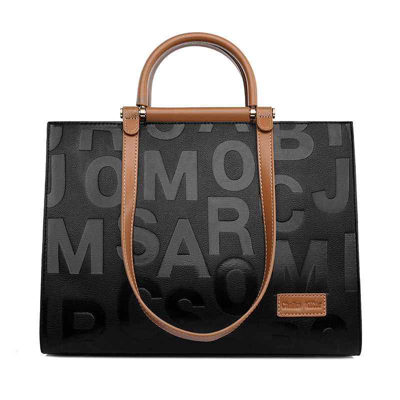 Women's Letter Embossed Tote Bag, Premium Vegan Leather Work Handbag with Contrast Strap, Black Alphabet Pattern Shoulder Bag, Large Capacity Office Tote with Crossbody Strap
