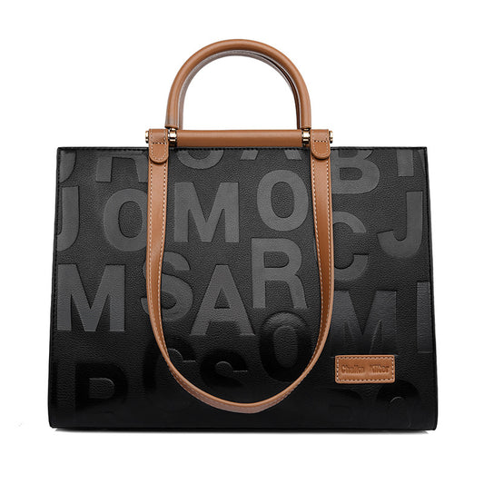 Women's Letter Embossed Tote Bag, Premium Vegan Leather Work Handbag with Contrast Strap, Black Alphabet Pattern Shoulder Bag, Large Capacity Office Tote with Crossbody Strap