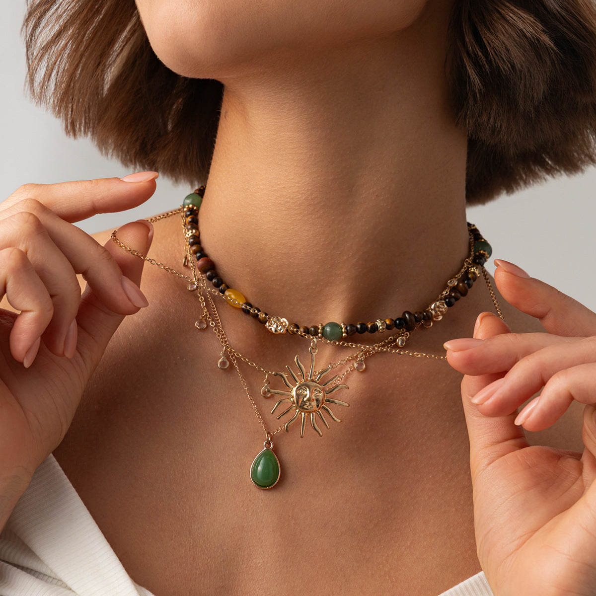 Women’s Multi Layer Gold Necklace, Bohemian Natural Stone Beaded Choker with Sun God Pendant, Retro Ethnic Stack Necklace Arab Fashion Jewelry Gift