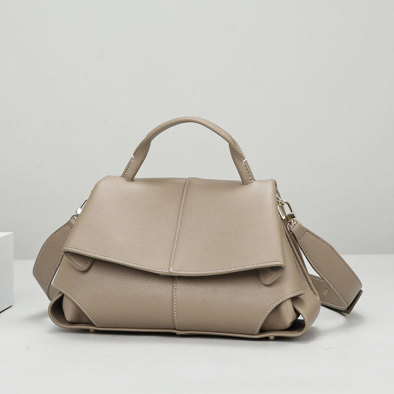 Taupe Vegan Leather Satchel, Womens Flap Handbag with Wide Crossbody Strap