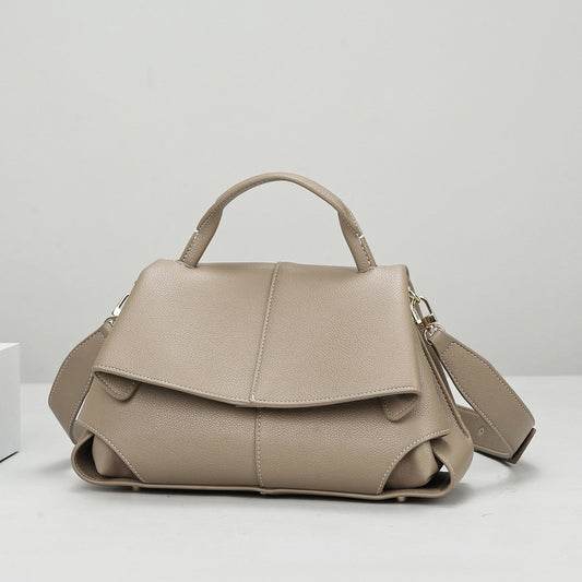 Taupe Vegan Leather Satchel, Womens Flap Handbag with Wide Crossbody Strap