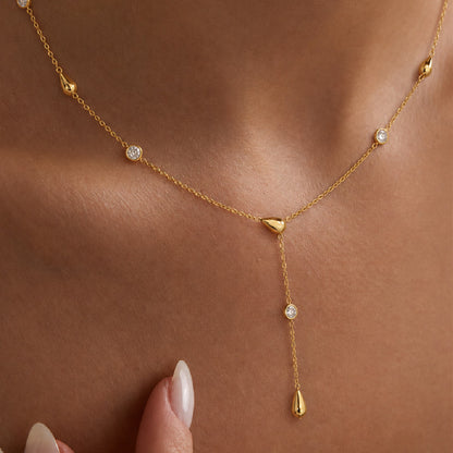 Gold Teardrop Y-Shaped Lariat Necklace, Women‘s Arabian CZ Dainty Chain