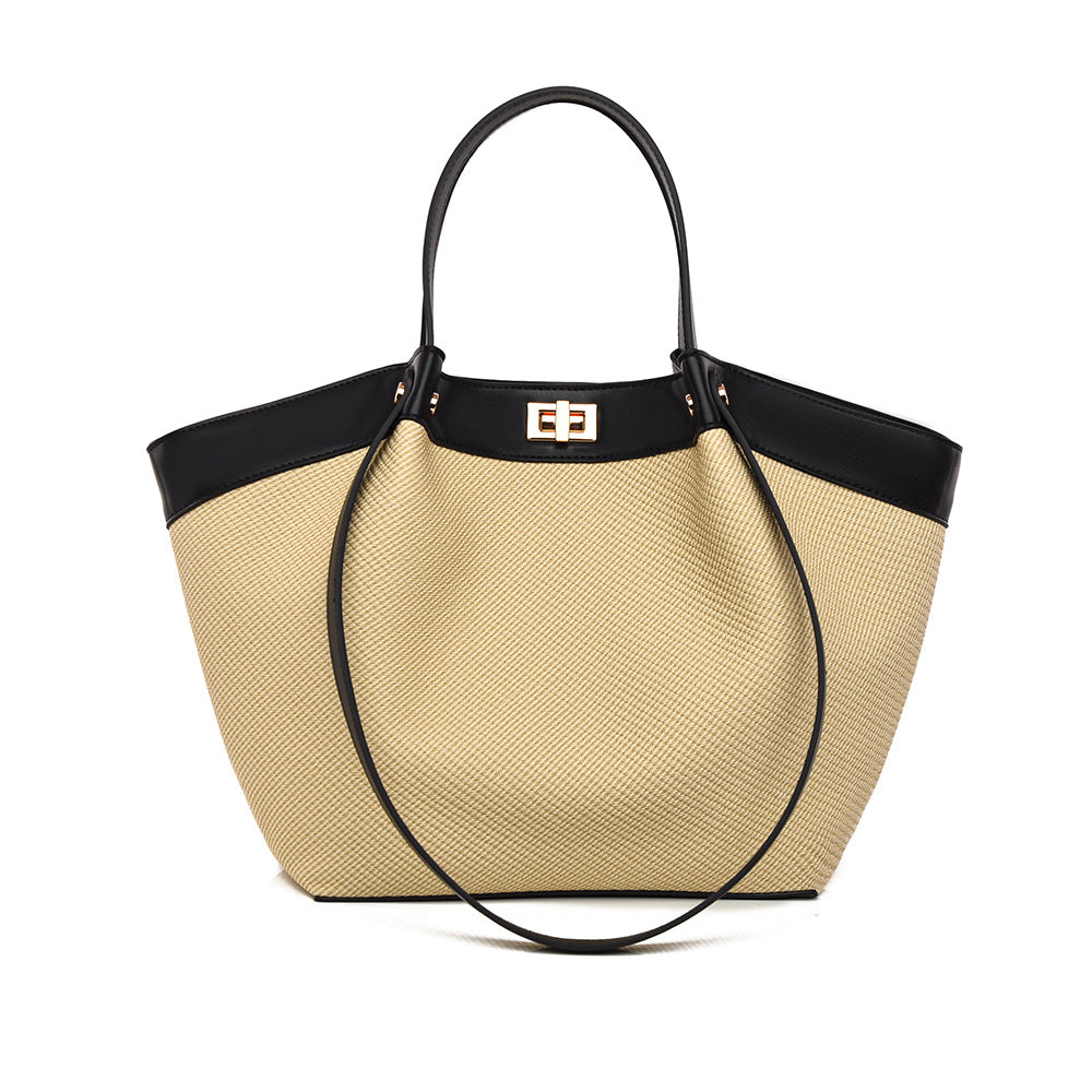 Straw Tote Bag for Women, Woven Canvas Beach Handbag with Leather Trim