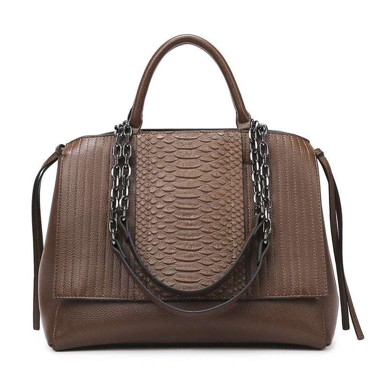 Brown Snake Print Vegan Leather Tote, Womens Flap Handbag with Chain