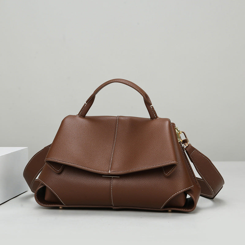 Taupe Vegan Leather Satchel, Womens Flap Handbag with Wide Crossbody Strap