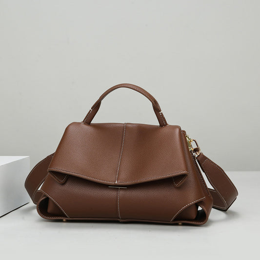 Taupe Vegan Leather Satchel, Womens Flap Handbag with Wide Crossbody Strap