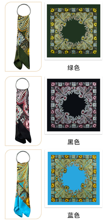 Golden Vintage Paisley Printed Polyester Satin Square Hijab, Ladies Multi-use Headscarf Shawl
