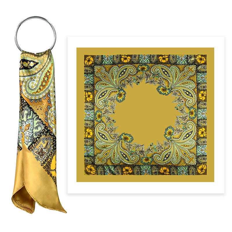 Golden Vintage Paisley Printed Polyester Satin Square Hijab, Ladies Multi-use Headscarf Shawl