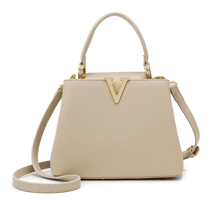 Taupe Vegan Leather Satchel, Womens V-Lock Handbag with Shoulder Strap