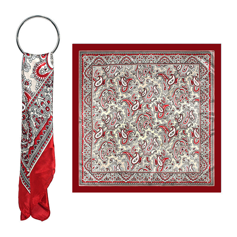 Navy Blue Paisley Printed Polyester Satin Square Hijab, Ladies Multi-use Headscarf Shawl