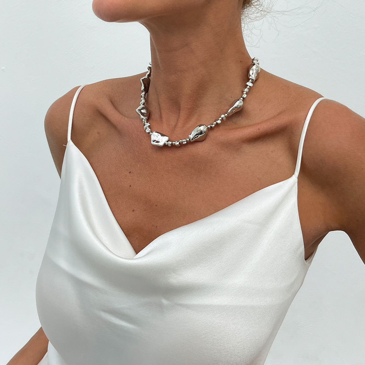 Silver Beaded Choker Necklace for Women, Irregular Baroque Pearl Choker with Star Cross Charm, Y2K Dainty Chain Tassel Necklace, Trendy Cool Girl Jewelry