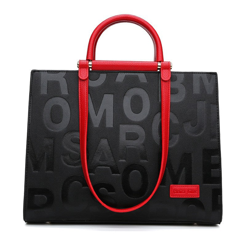 Women's Letter Embossed Tote Bag, Premium Vegan Leather Work Handbag with Contrast Strap, Black Alphabet Pattern Shoulder Bag, Large Capacity Office Tote with Crossbody Strap