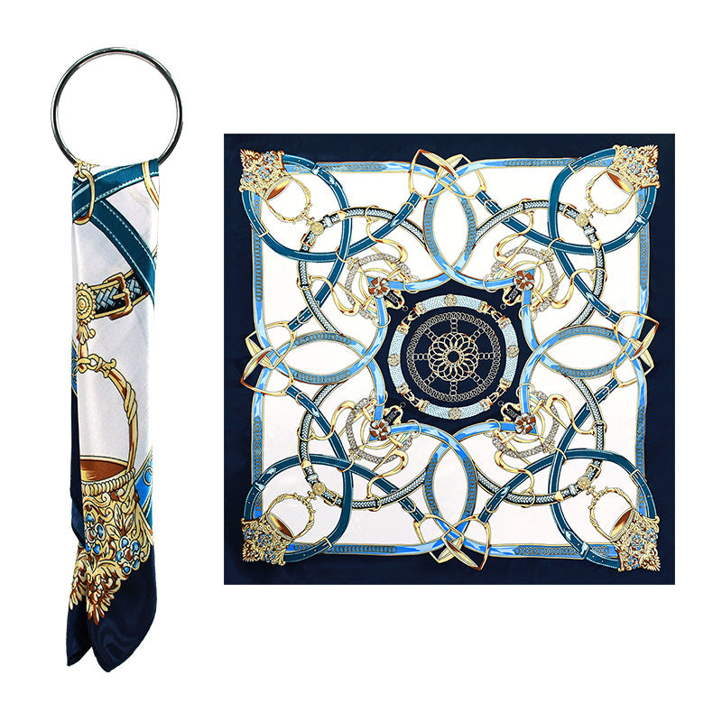 90x90cm Navy Chain Satin Hijab Scarf, Luxury Square Headscarf for Women, Saudi UAE Party & Daily Wear