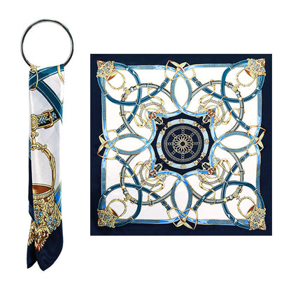 90x90cm Navy Chain Satin Hijab Scarf, Luxury Square Headscarf for Women, Saudi UAE Party & Daily Wear