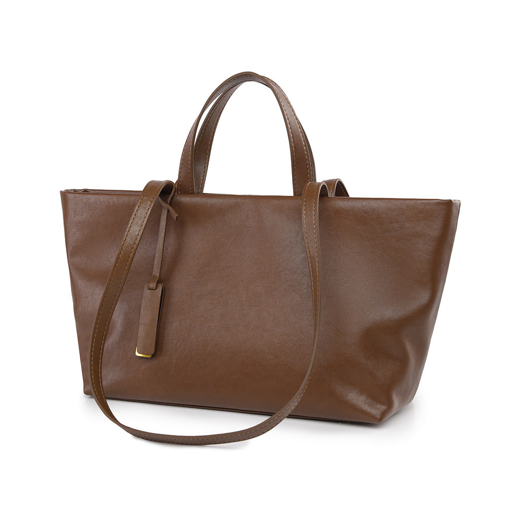 Brown Vegan Leather Tote Bag, Womens Minimalist Work Handbag with Strap