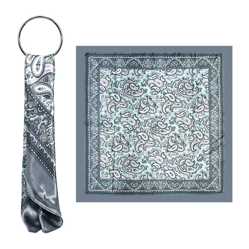 Navy Blue Paisley Printed Polyester Satin Square Hijab, Ladies Multi-use Headscarf Shawl