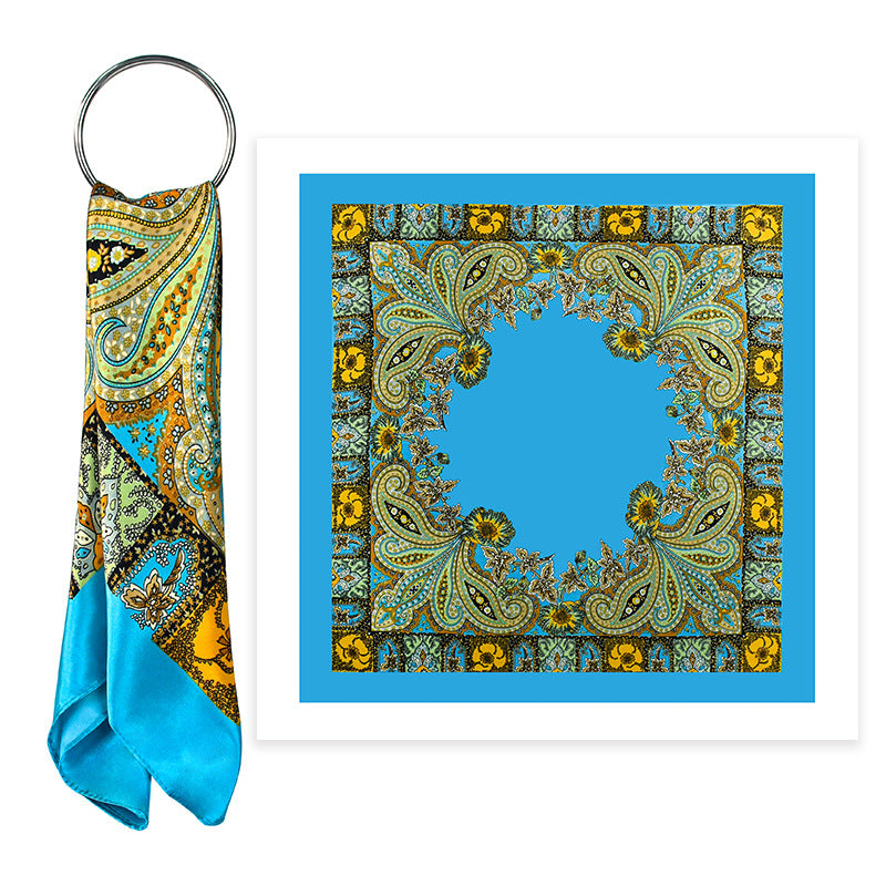 Golden Vintage Paisley Printed Polyester Satin Square Hijab, Ladies Multi-use Headscarf Shawl