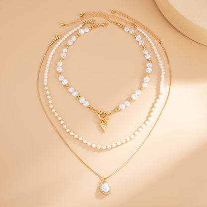 Gold Plated Layered Pearl Necklace for Women, Baroque Pearl Choker with Heart Pendant, Dainty Stackable Necklaces Set, Eid Gift for Her