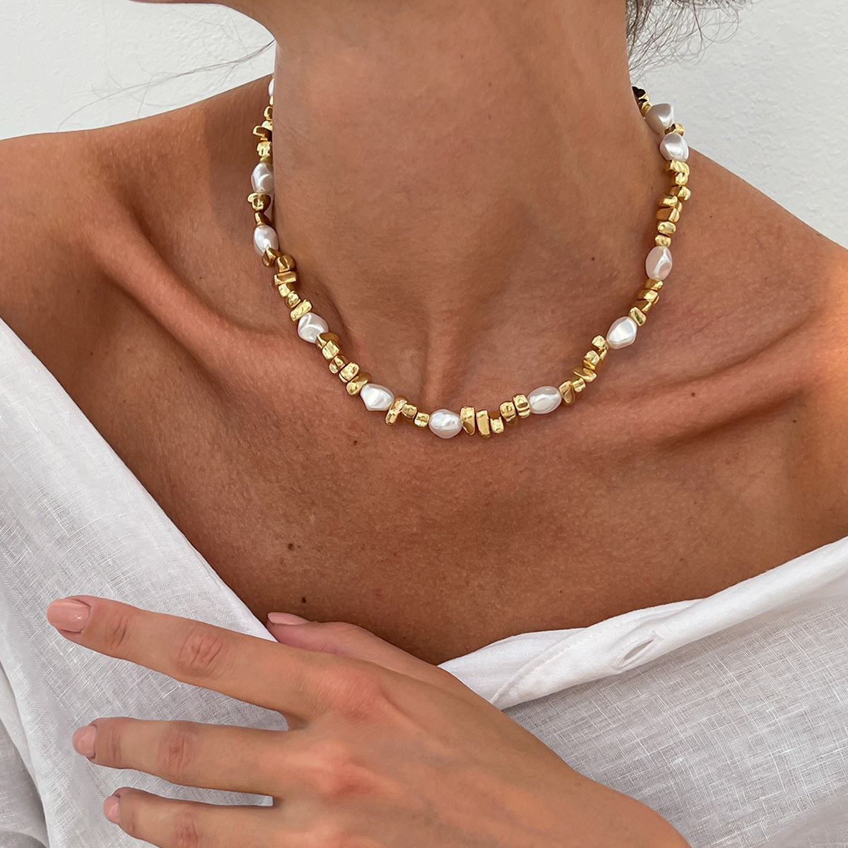 Silver Beaded Choker Necklace for Women, Irregular Baroque Pearl Choker with Star Cross Charm, Y2K Dainty Chain Tassel Necklace, Trendy Cool Girl Jewelry