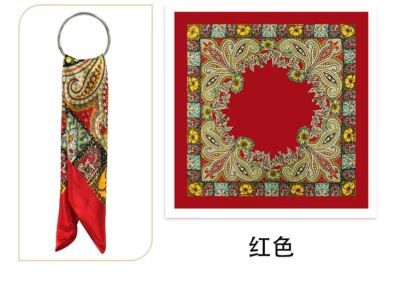 Golden Vintage Paisley Printed Polyester Satin Square Hijab, Ladies Multi-use Headscarf Shawl