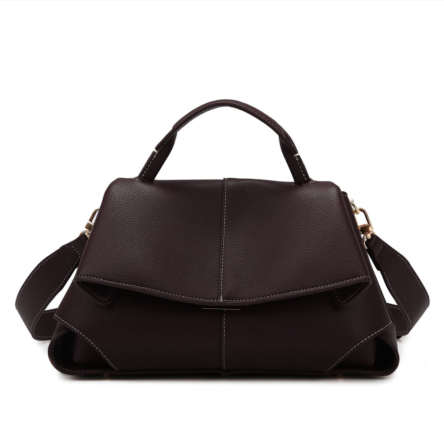 Taupe Vegan Leather Satchel, Womens Flap Handbag with Wide Crossbody Strap