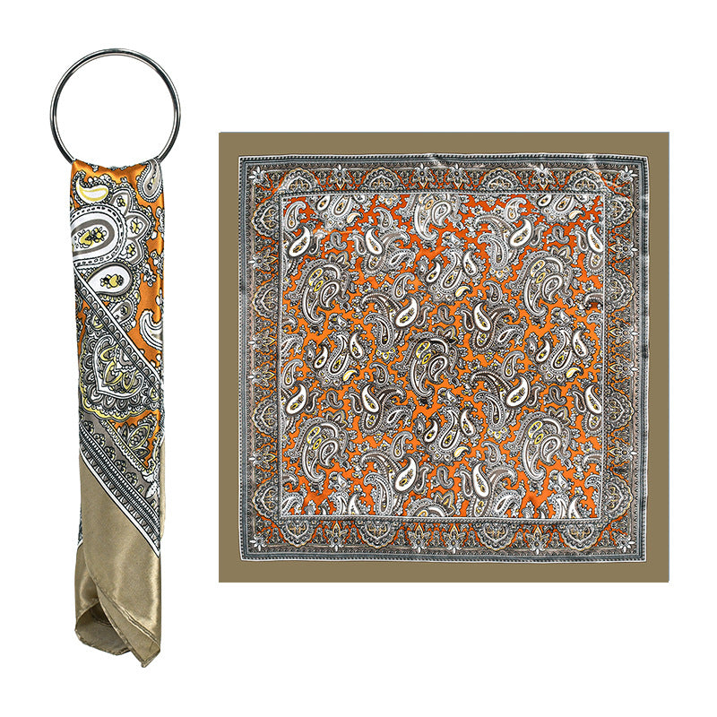 Navy Blue Paisley Printed Polyester Satin Square Hijab, Ladies Multi-use Headscarf Shawl