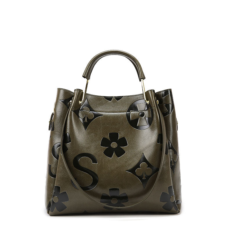 Women's Embossed Bucket Tote Bag, Premium Vegan Leather Handbag with Contrast Handle, Black Monogram Pattern Shoulder Bag, Large Capacity Work Tote with Crossbody Strap