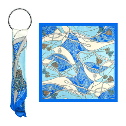 90x90cm Blue Tassel Chain Satin Hijab Scarf, Luxury Square Headscarf for Women, Saudi UAE Eid & Daily Wear