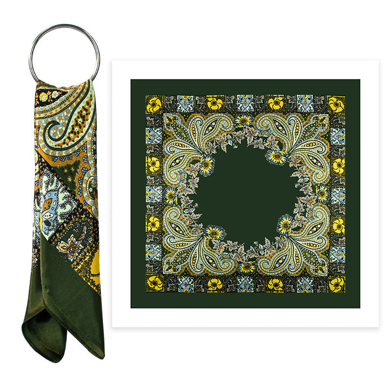 Golden Vintage Paisley Printed Polyester Satin Square Hijab, Ladies Multi-use Headscarf Shawl