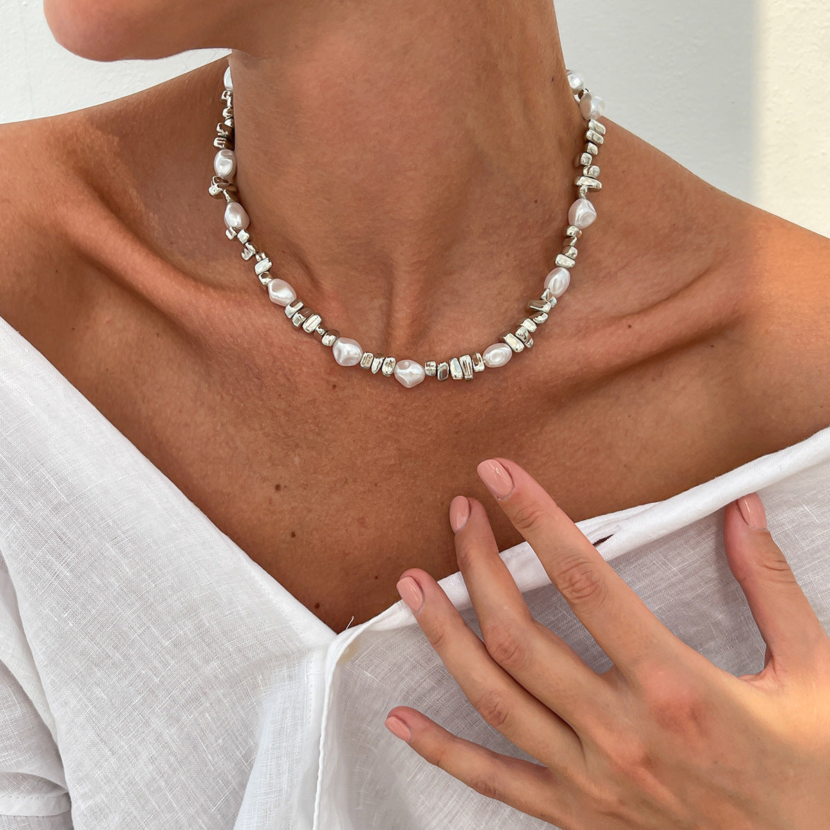 Silver Beaded Choker Necklace for Women, Irregular Baroque Pearl Choker with Star Cross Charm, Y2K Dainty Chain Tassel Necklace, Trendy Cool Girl Jewelry