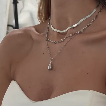 Silver Gold Plated 3 Layered Necklace for Women - Teardrop Pendant Herringbone Chain Waterproof