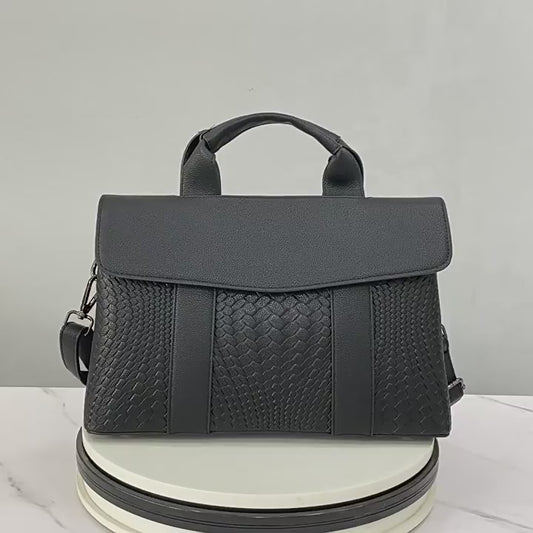 Black Woven Vegan Leather Satchel, Womens Flap Work Handbag with Crossbody Strap