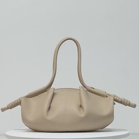 Women's Ruched Cloud Bag, Premium Vegan Leather Dumpling Handbag, Beige Pleated Shoulder Bag with Crossbody Strap, French Style Soft Hobo Clutch Purse