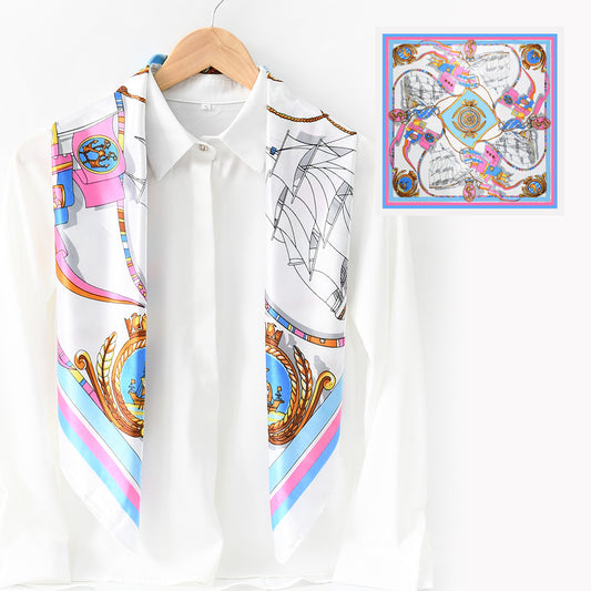 90x90cm Luxury Satin Hijab Scarf, Nautical Print Square Head Scarf for Women