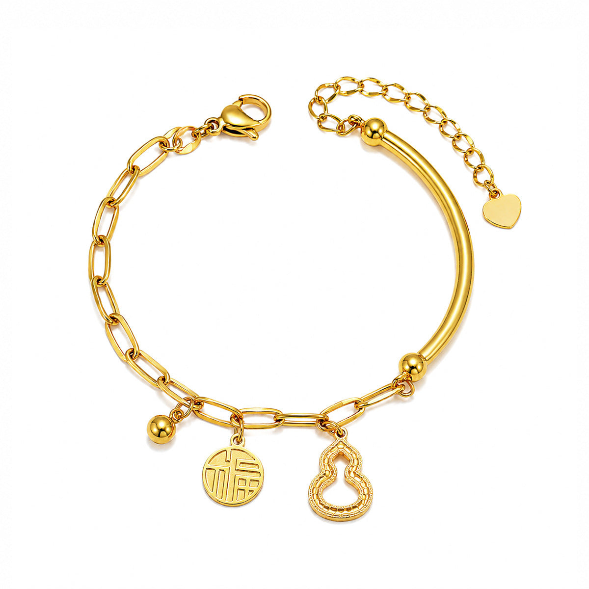 Light Luxury Gourd Fortune‑Character Curved Tube Bracelet, Paperclip Chain Niche High‑End Hand Ornament
