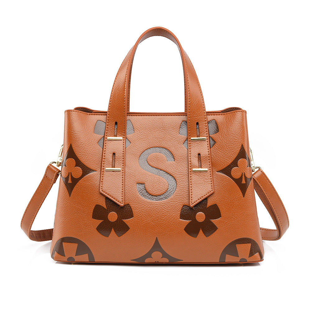 Women's Monogram Tote Bag, Premium Vegan Leather Work Handbag with Contrast Handles, Brown Diamond Pattern Shoulder Bag, Large Capacity Office Tote with Crossbody Strap