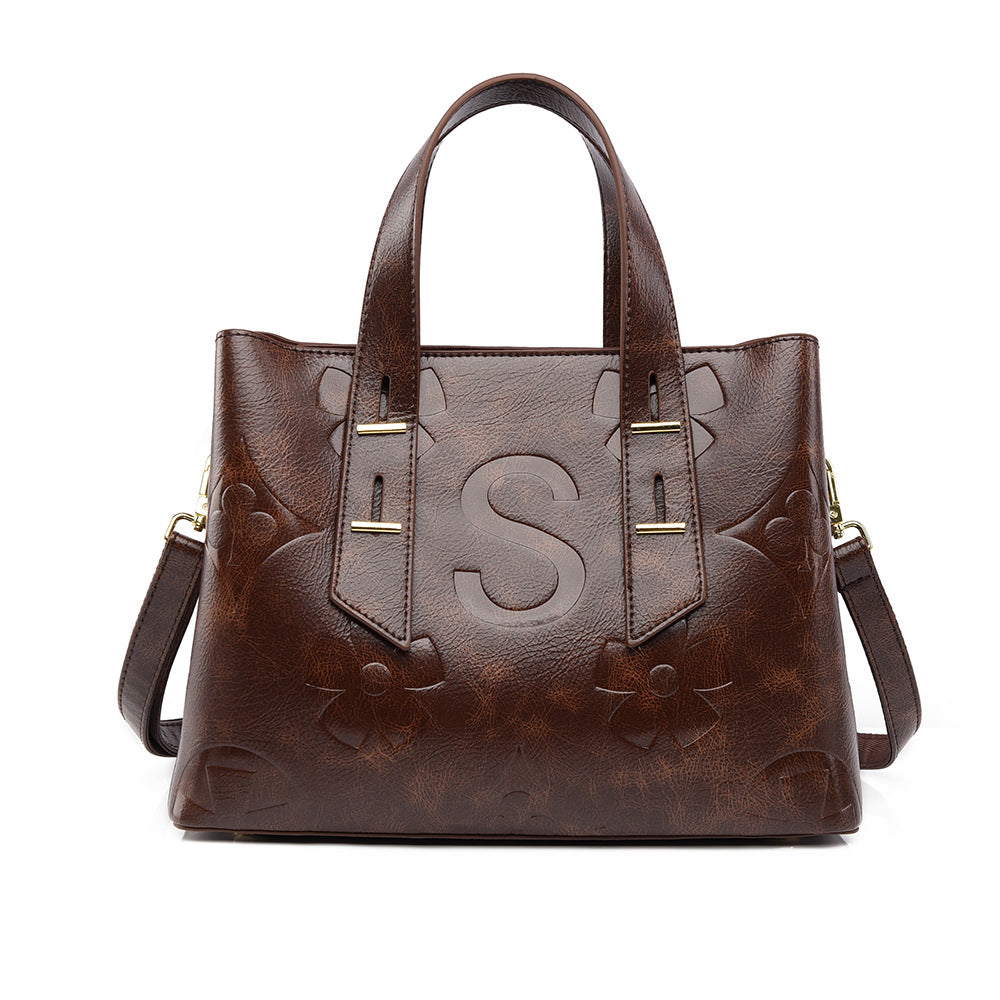 Women's Monogram Tote Bag, Premium Vegan Leather Work Handbag with Contrast Handles, Brown Diamond Pattern Shoulder Bag, Large Capacity Office Tote with Crossbody Strap