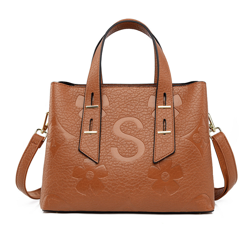 Women's Monogram Tote Bag, Premium Vegan Leather Work Handbag with Contrast Handles, Brown Diamond Pattern Shoulder Bag, Large Capacity Office Tote with Crossbody Strap