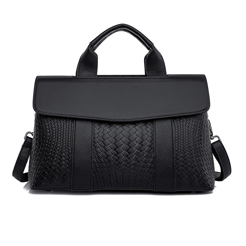 Black Woven Vegan Leather Satchel, Womens Flap Work Handbag with Crossbody Strap