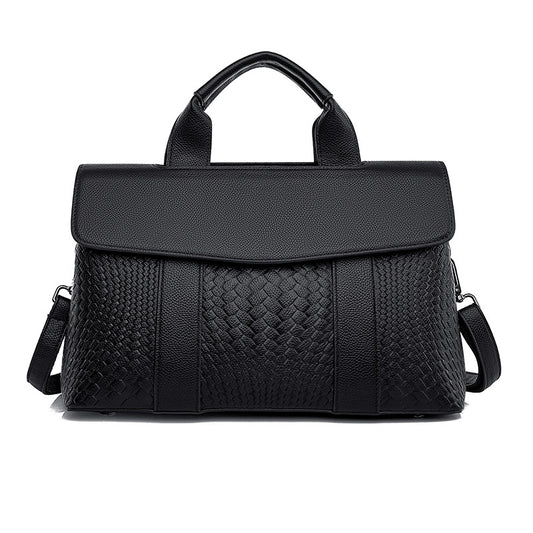 Black Woven Vegan Leather Satchel, Womens Flap Work Handbag with Crossbody Strap