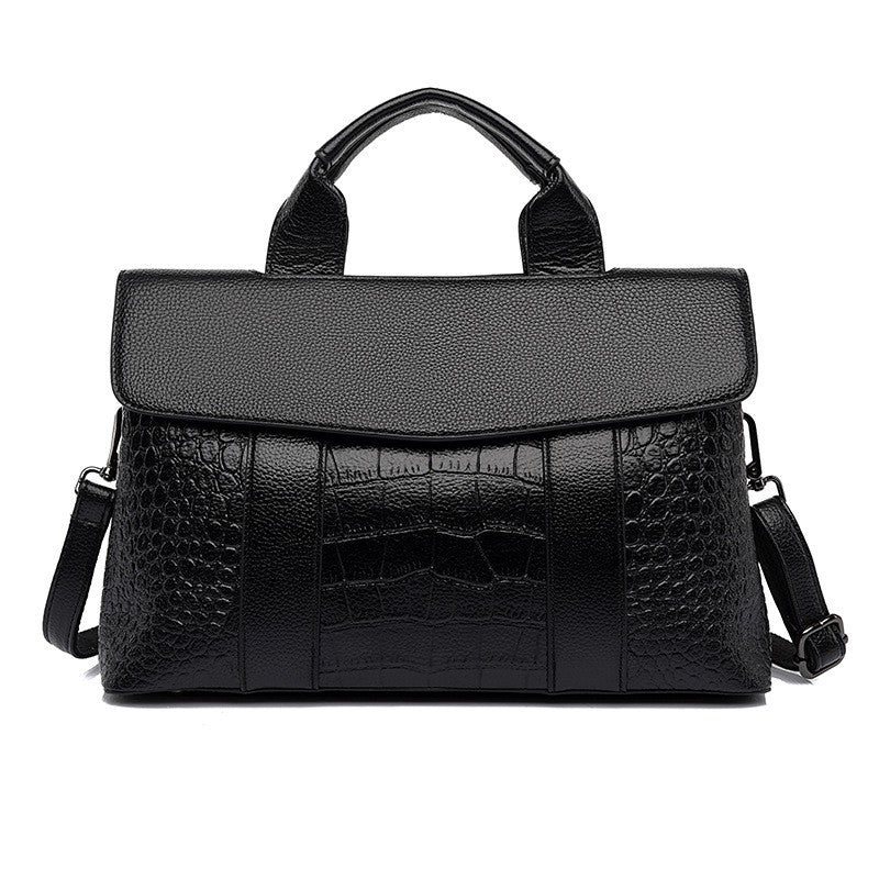 Black Woven Vegan Leather Satchel, Womens Flap Work Handbag with Crossbody Strap