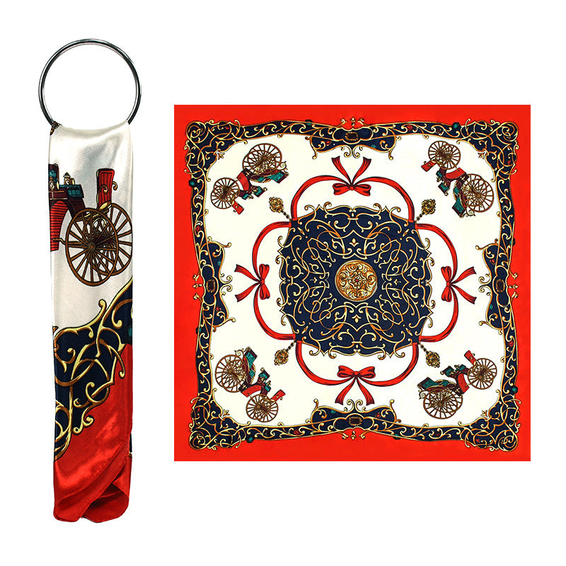 Red Carriage Print Satin Hijab Scarf, Luxury Square Headscarf for Women, Saudi UAE Eid & Party Wear